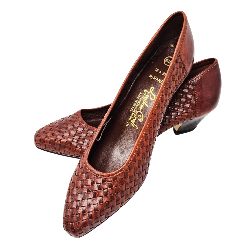 LeatherCraft of Brazil Miranda Woven Leather Pumps Brown Vintage Size 5.5